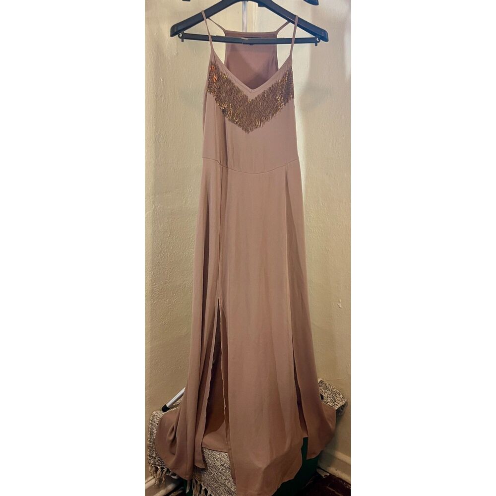 Tan Maxi dress with v neck beading embellishment Size M